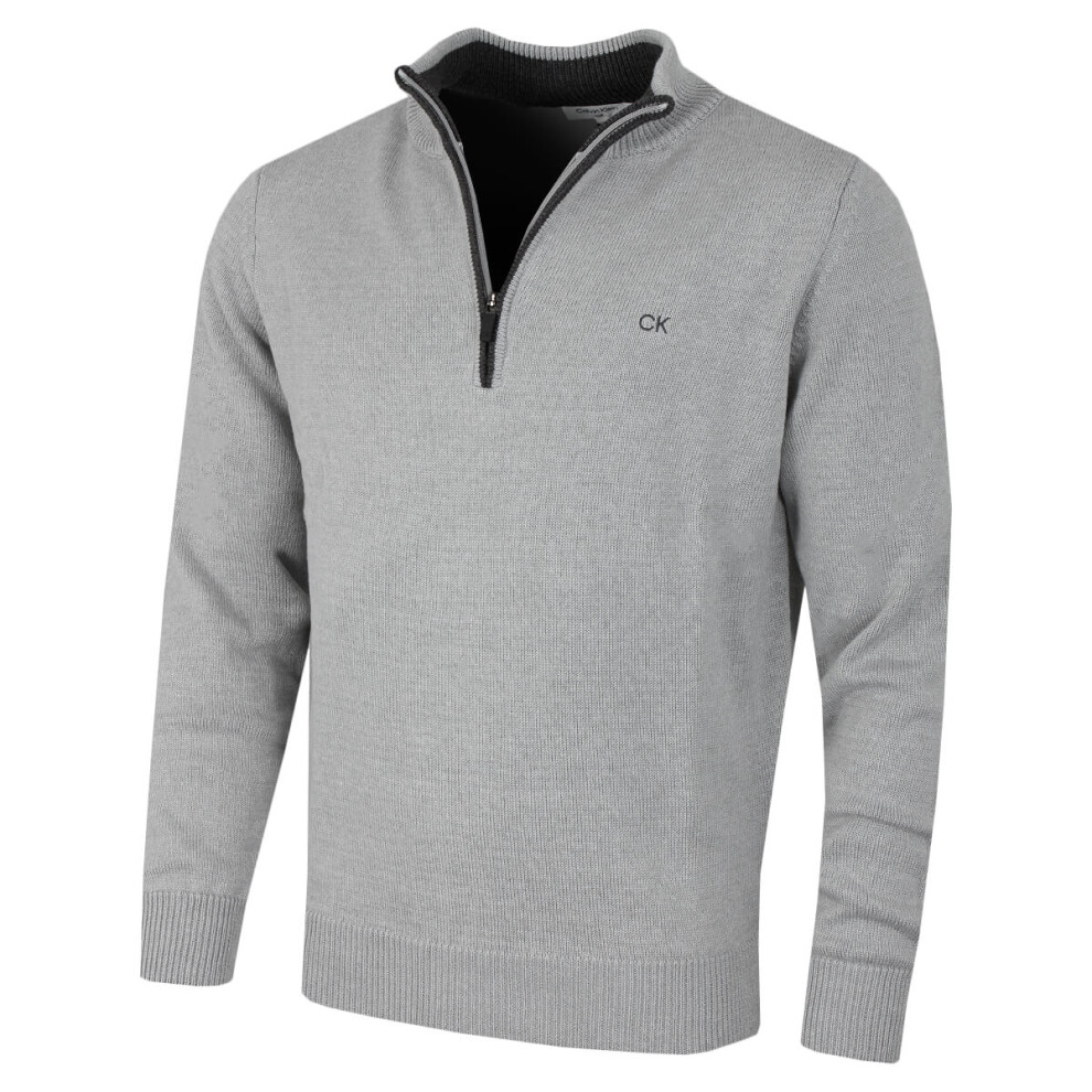 (L, Silver) Calvin Klein Mens 2021 Knit Cotton 1/2 Zip Golf CK Top Sweater