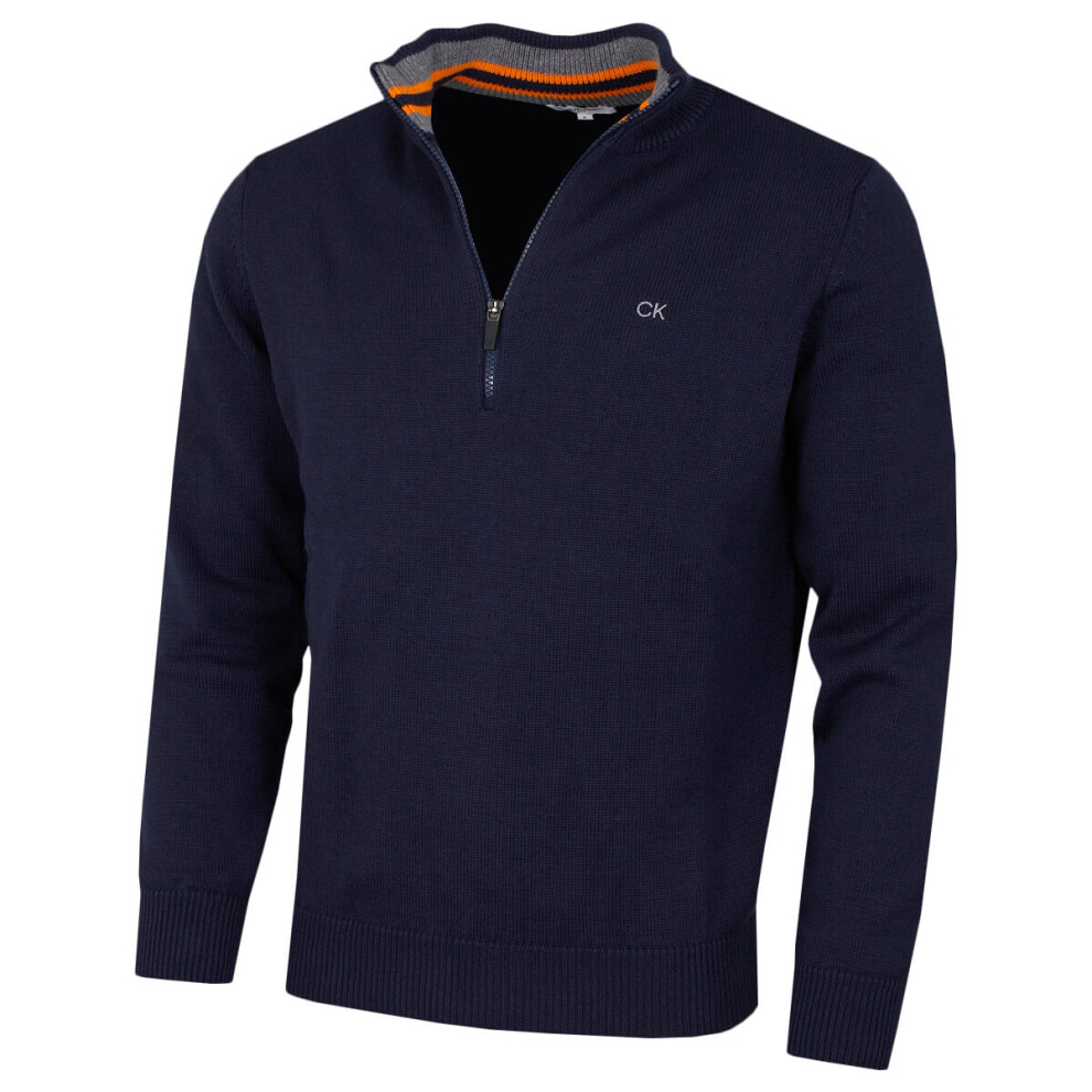 (S, Navy/Orange) Calvin Klein Mens 2023 Knit Cotton 1/2 Zip Golf CK Top Sweater