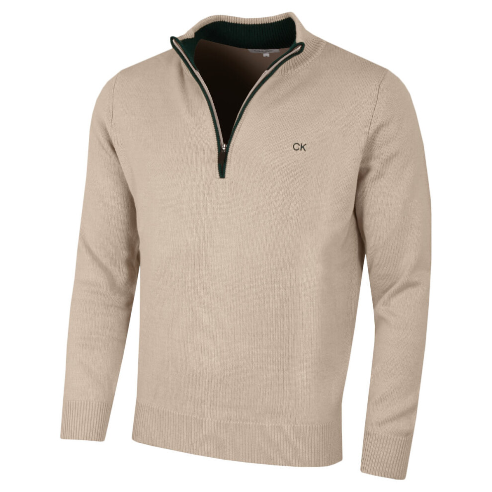 (L, Latte) Calvin Klein Mens 2023 Knit Cotton 1/2 Zip Golf CK Top Sweater