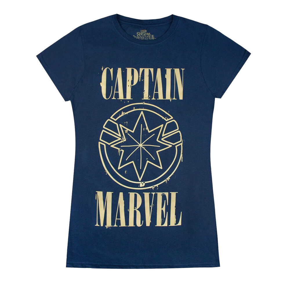 (S, Navy) Captain Marvel Womens/Ladies Print And Shield T-Shirt