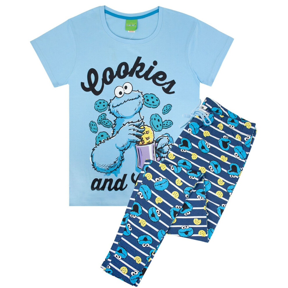 (L, Blue) Sesame Street Womens/Ladies Cookie Monster Pyjamas