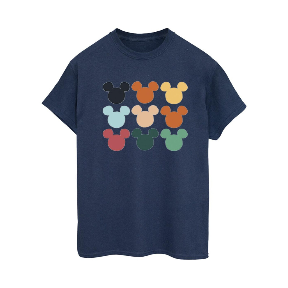 (L, Navy Blue) Disney Womens/Ladies Mickey Mouse Heads Square Cotton Boyfriend T-Shirt