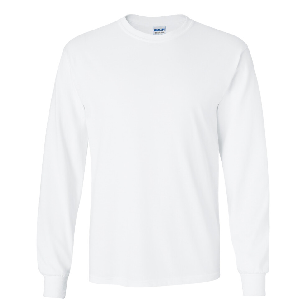 (L, White) Gildan Mens Plain Crew Neck Ultra Cotton Long Sleeve T-Shirt