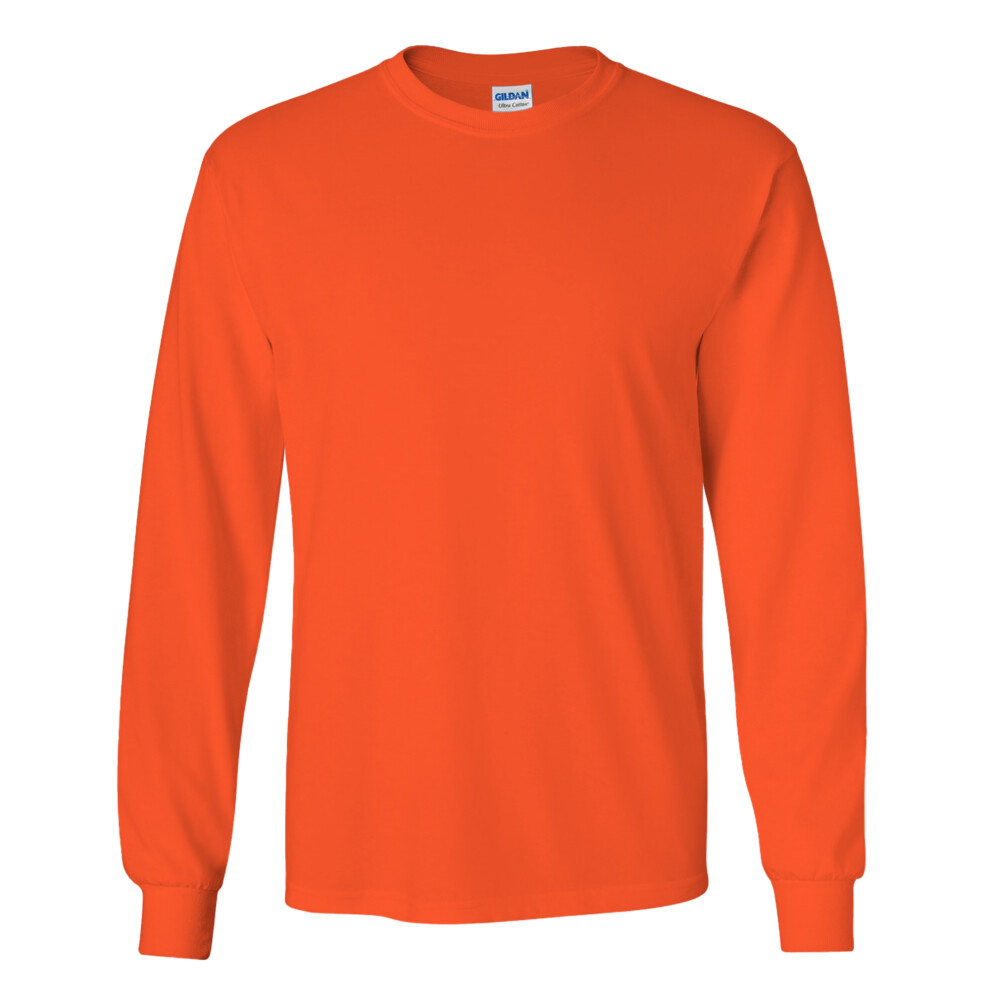 (XL, Orange) Gildan Mens Plain Crew Neck Ultra Cotton Long Sleeve T-Shirt
