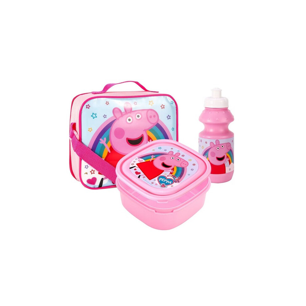 Peppa Pig Rainbow Insulated Lunch Bag Sandwich Box & Drinks Bottle Set