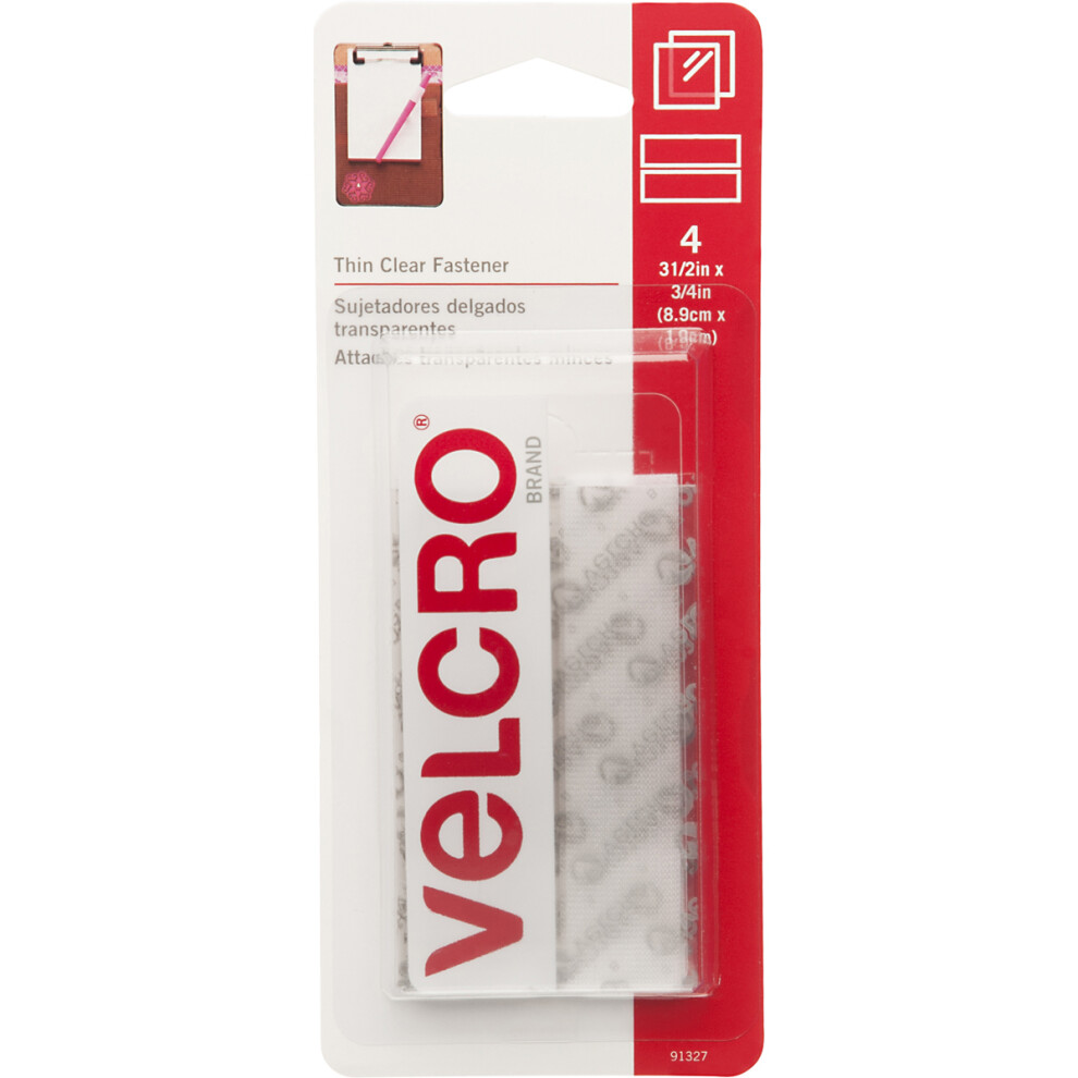 VELCRO(R) Brand Thin Fasteners Tape .75"X3.5" 4/Pkg-Clear 91327
