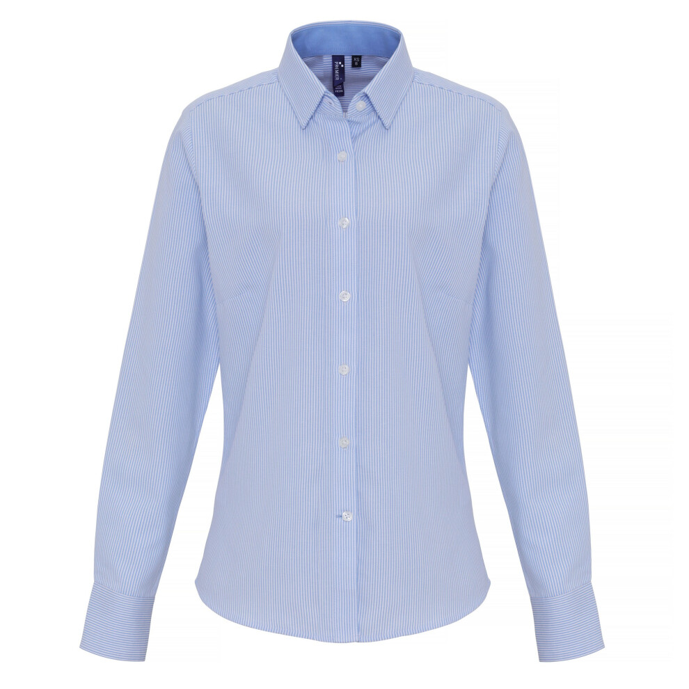 (S, White/Light Blue) Premier Womens/Ladies Cotton Rich Oxford Stripe Blouse