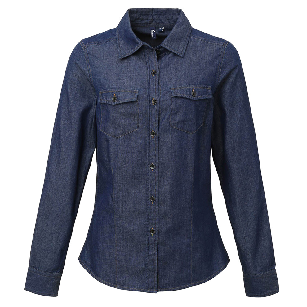 (M, Indigo Denim) Premier Womens/Ladies Jeans Stitch Long Sleeve Denim Shirt