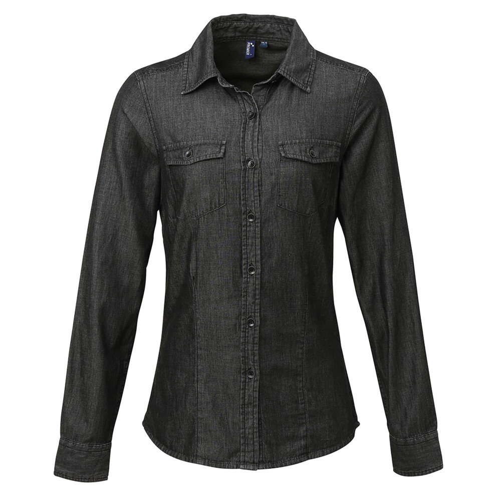 (L, Black Denim) Premier Womens/Ladies Jeans Stitch Long Sleeve Denim Shirt