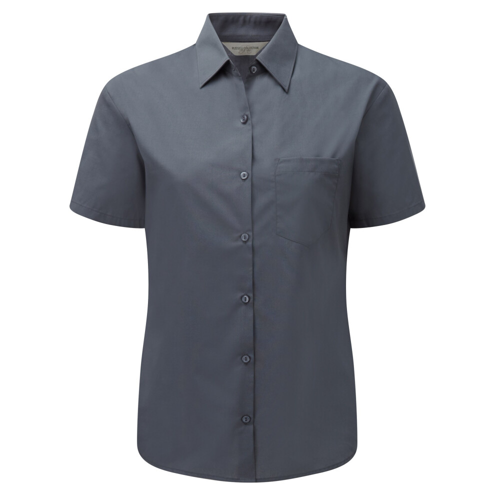 (XS, Convoy Grey) Russell Collection Ladies/Womens Short Sleeve Poly-Cotton Easy Care Poplin Shirt