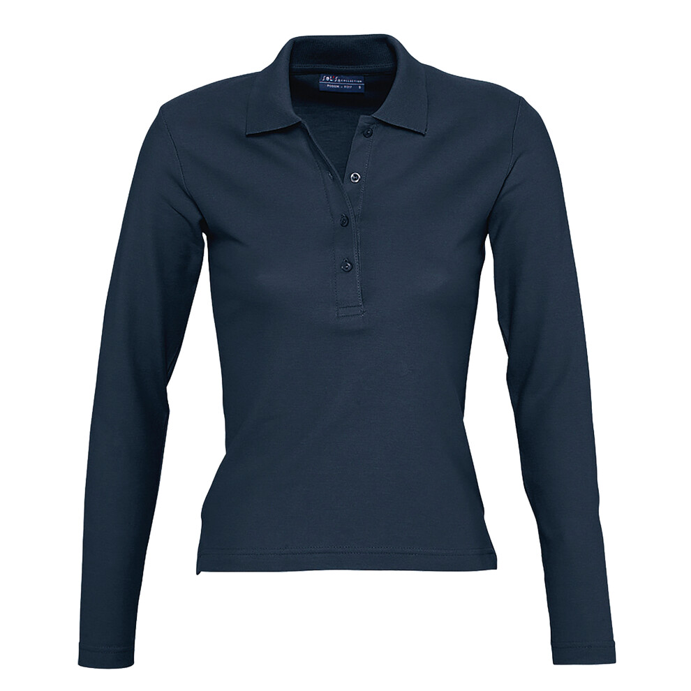 (L, Denim) SOLS Womens/Ladies Podium Long Sleeve Pique Cotton Polo Shirt
