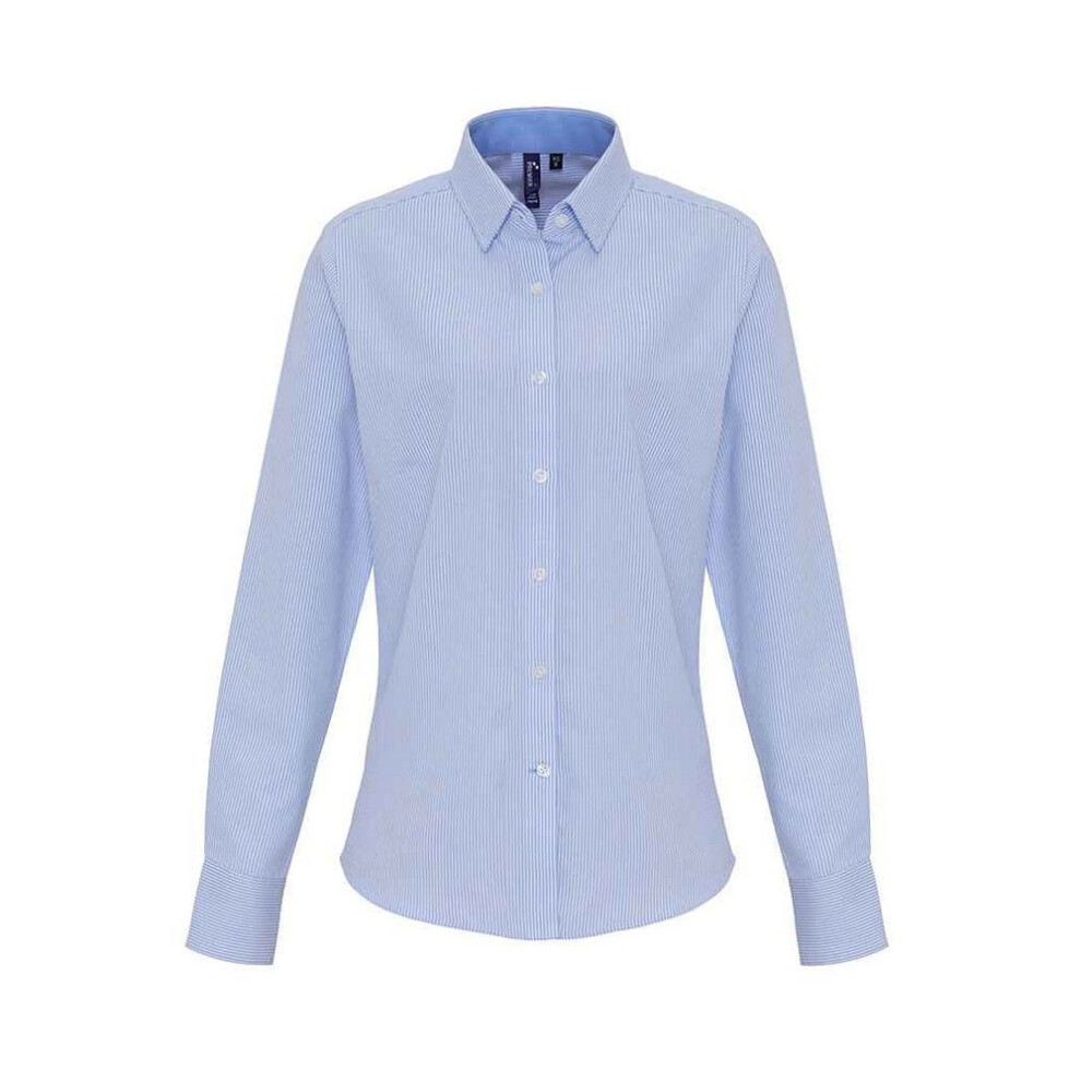 (M, White/Oxford Blue) Premier Womens/Ladies Striped Oxford Long-Sleeved Formal Shirt