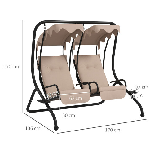 Outsunny Outsunny Canopy Swing 2 Separate Relax Chairs w/ Handrails, Cup Holders Beige 1
