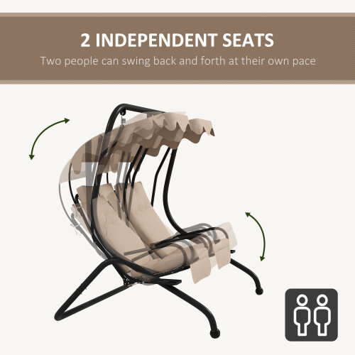 Outsunny Outsunny Canopy Swing 2 Separate Relax Chairs w/ Handrails, Cup Holders Beige 2