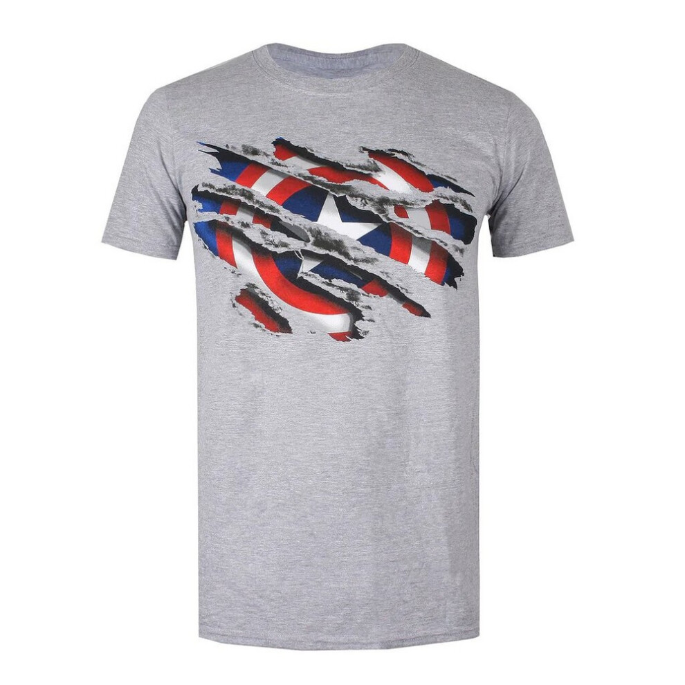 (S, Sports Grey/Blue/White) Captain America Mens Torn T-Shirt