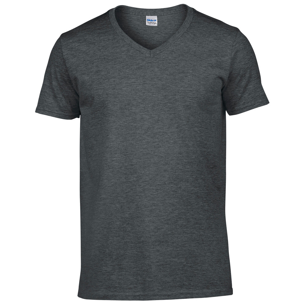 (L, Dark Heather) Gildan Mens Soft Style V-Neck Short Sleeve T-Shirt