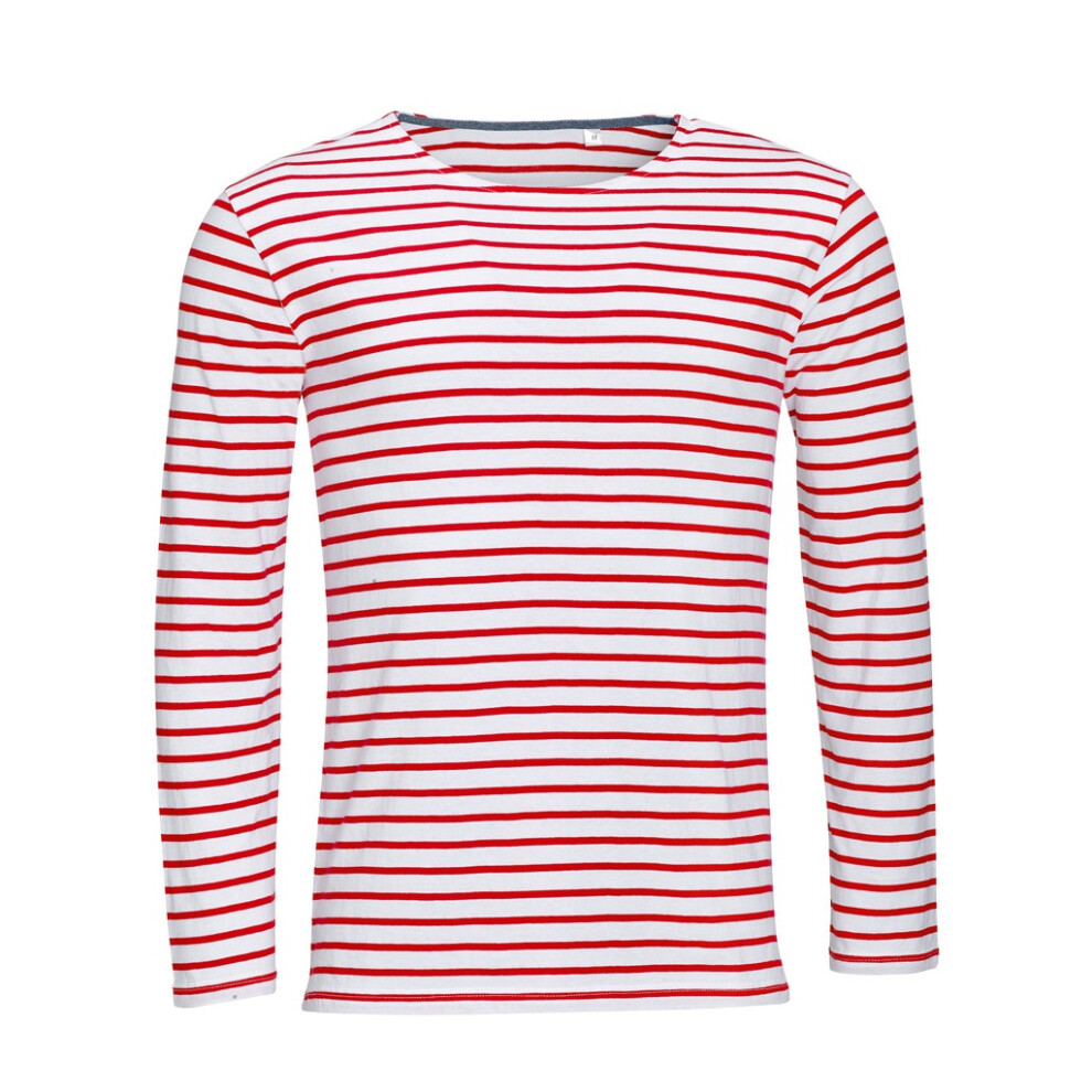 (2XL, White/Red) SOLS Mens Marine Long Sleeve Stripe T-Shirt