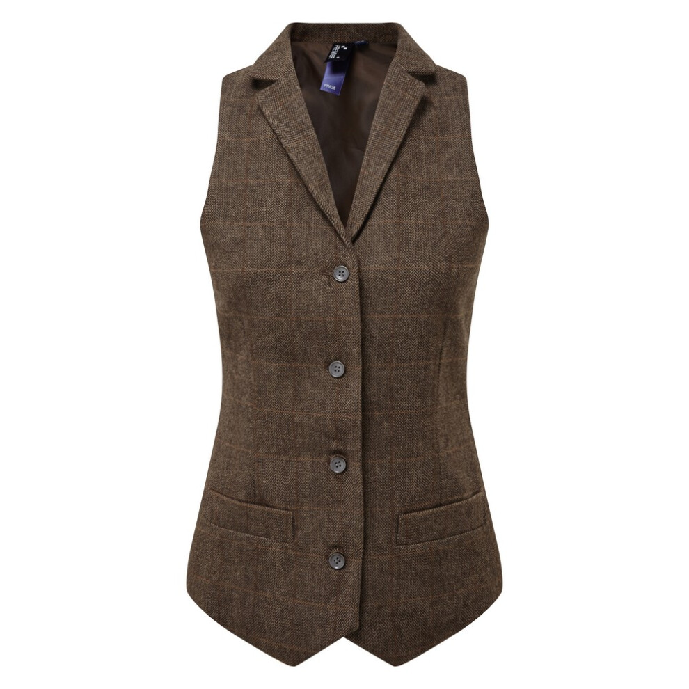 (S, Brown Check) Premier Womens/Ladies Herringbone Waistcoat