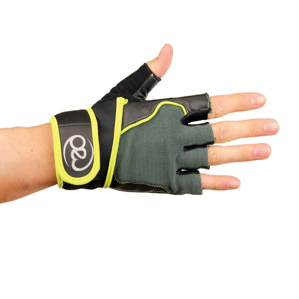 (S, Black/Green/Yellow) Fitness Mad Mens Core Fitness Leather Training Gloves