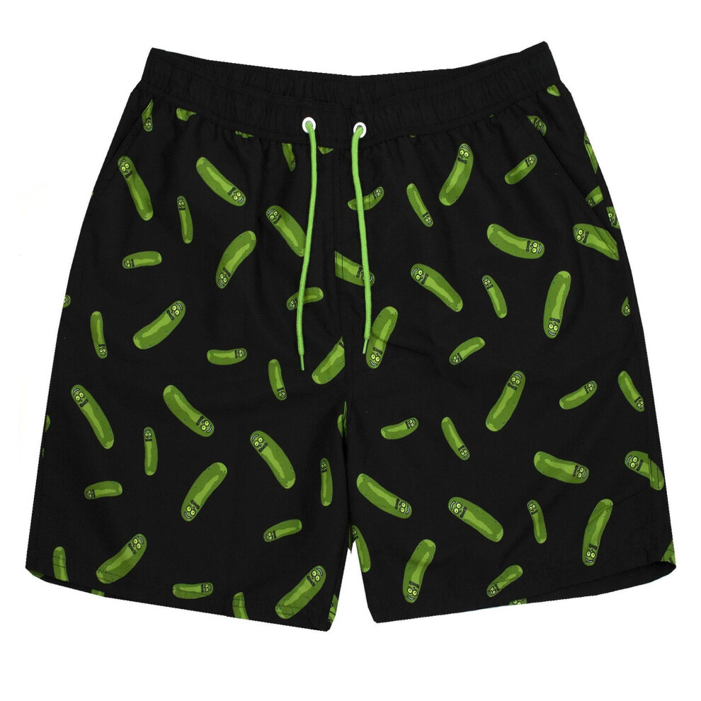(L, Black/Green) Rick And Morty Mens Pickle Rick Swim Shorts