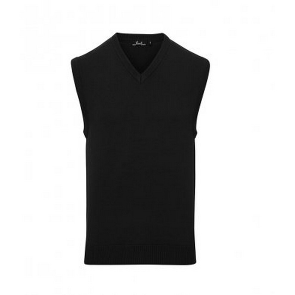 (S, Black) Premier Mens Sleeveless Cotton Acrylic V Neck Sweater