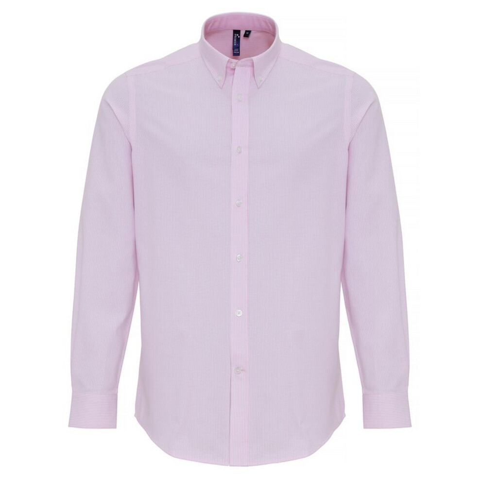 (L, White/Pink) Premier Mens Cotton Rich Oxford Stripe Shirt