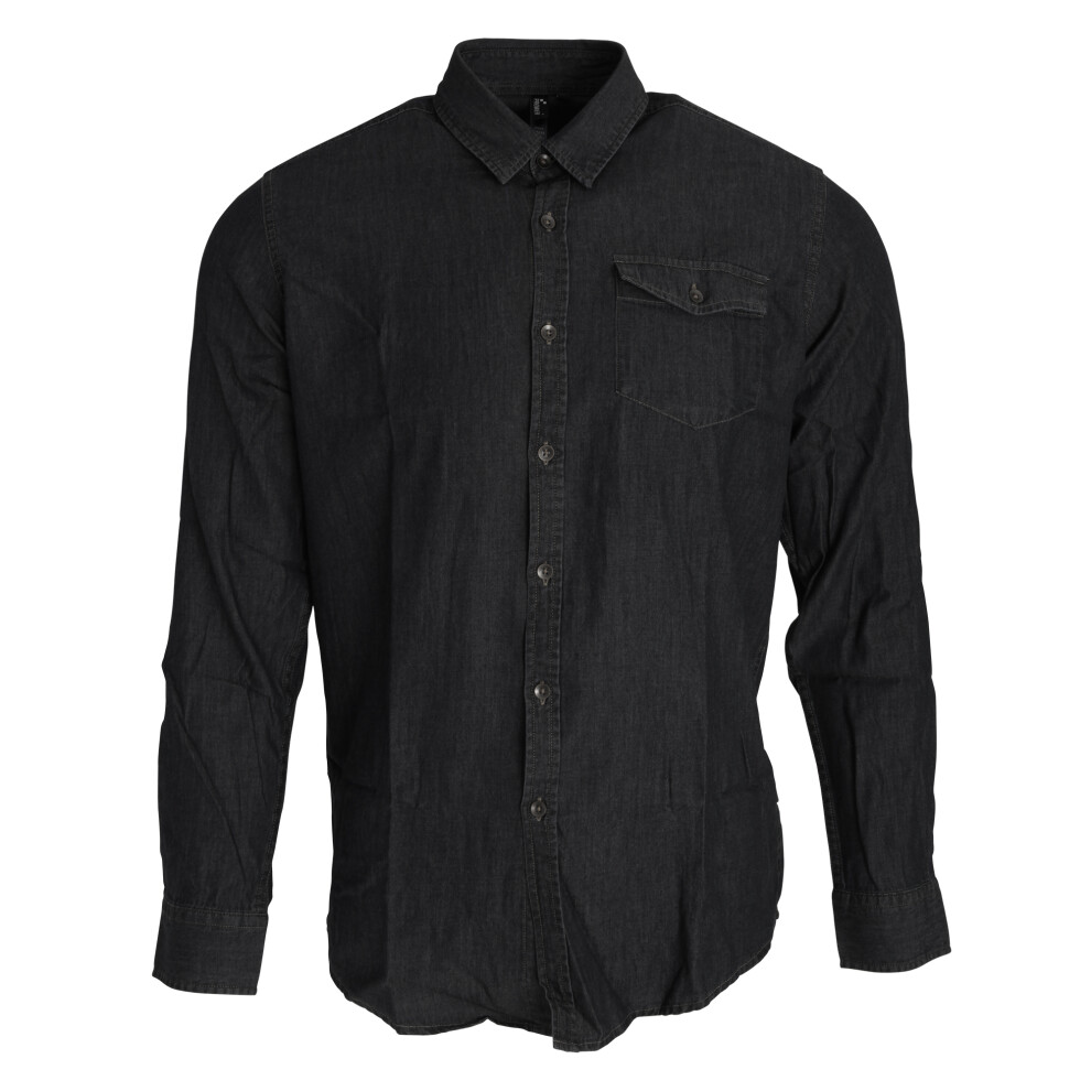 (XL, Black Denim) Premier Mens Jeans Stitch Long Sleeve Denim Shirt