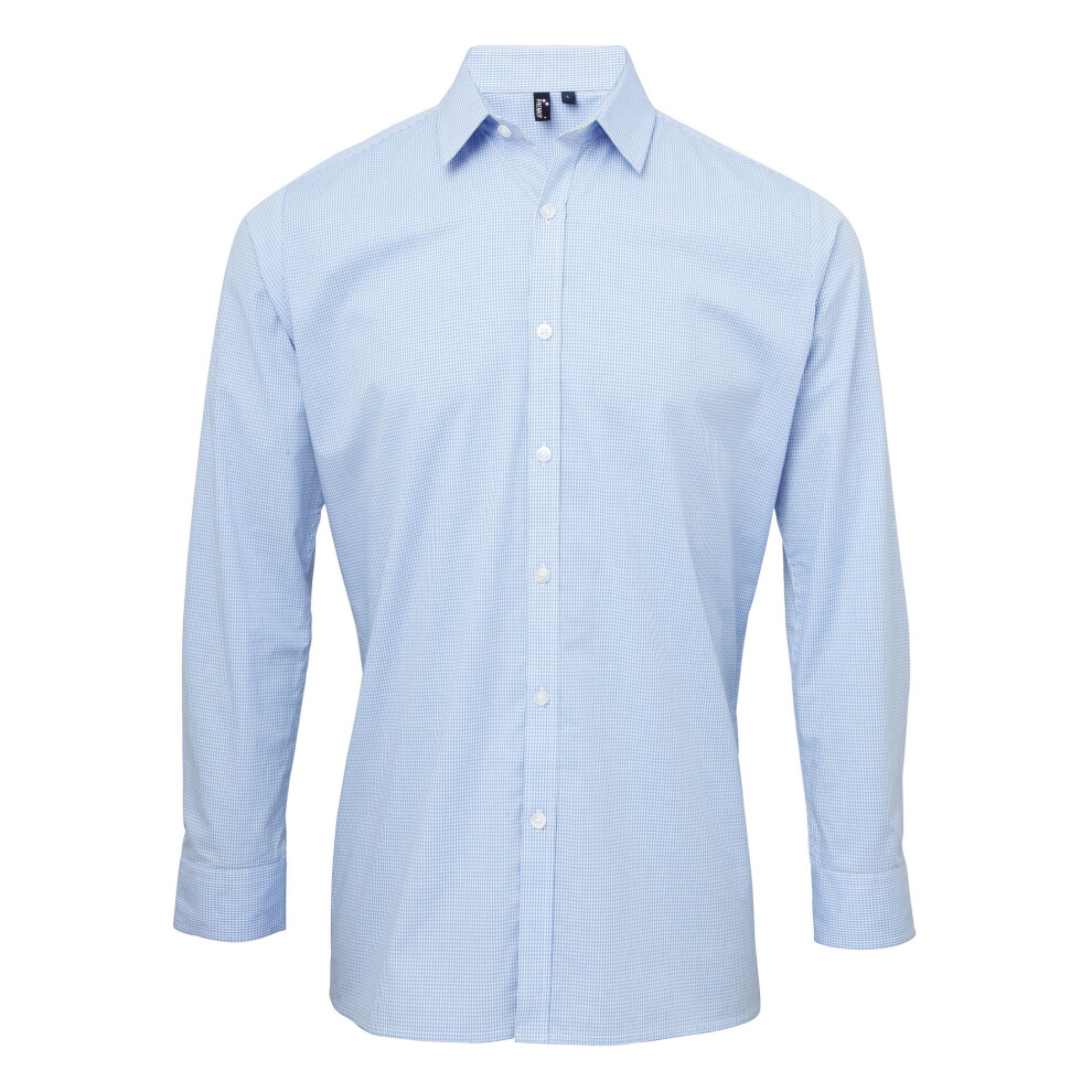(3XL, Light Blue/White) Premier Mens Microcheck Long Sleeve Shirt
