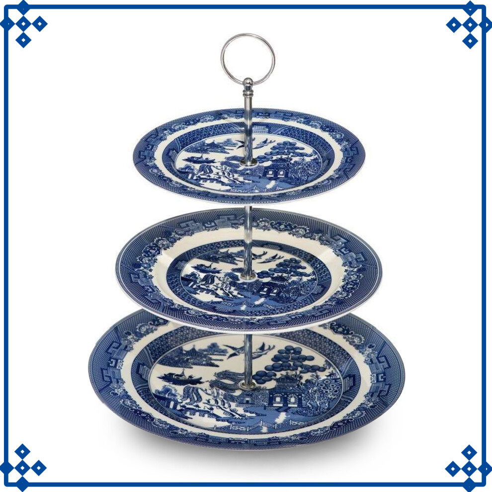 Blue Willow 3-Tier Cake Stand Dessert Display Ceramic Tableware Antique Oriental