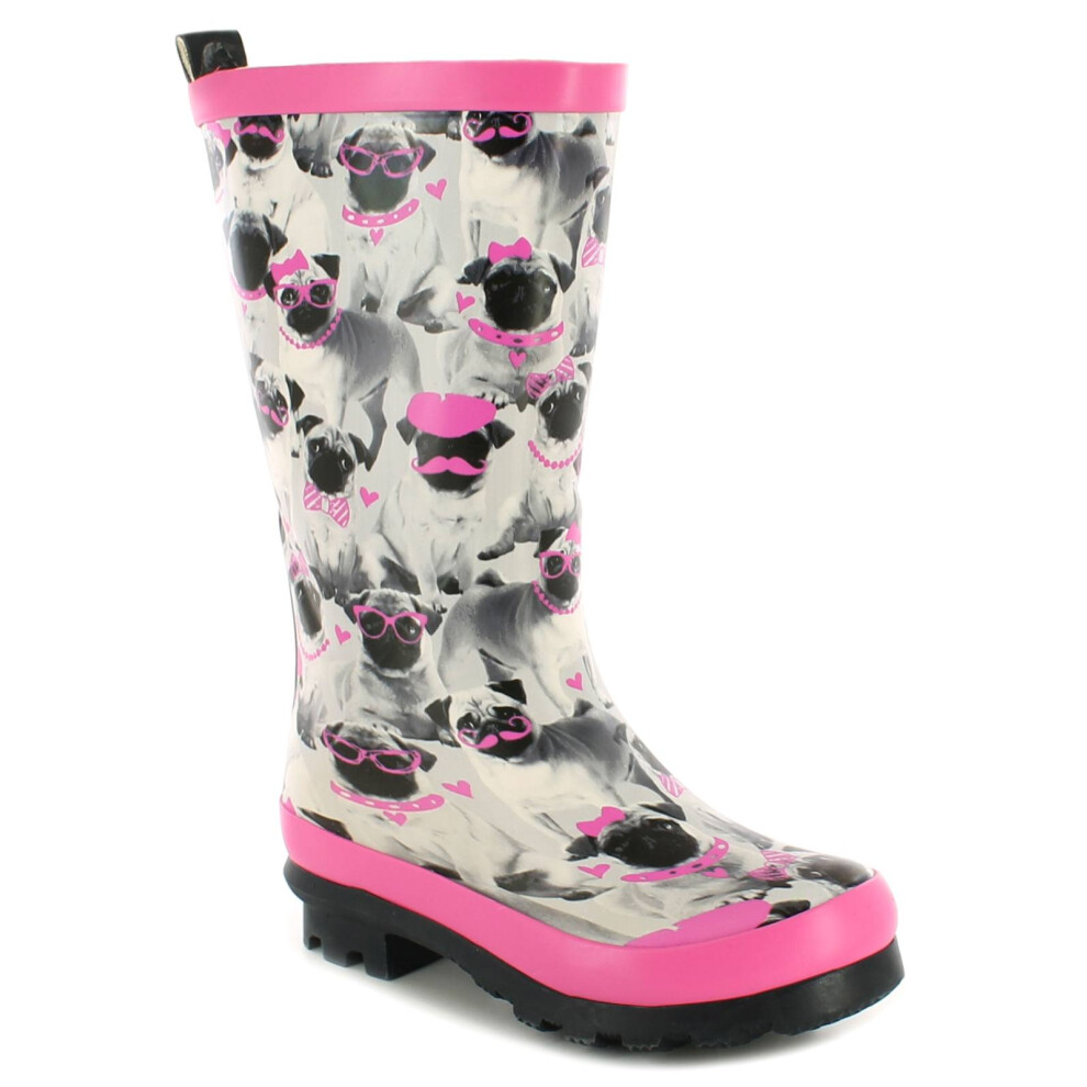 (4 (Adults')) New Girls/Childrens Grey/Pink Cute Pug Print Wellington Boots UK Size