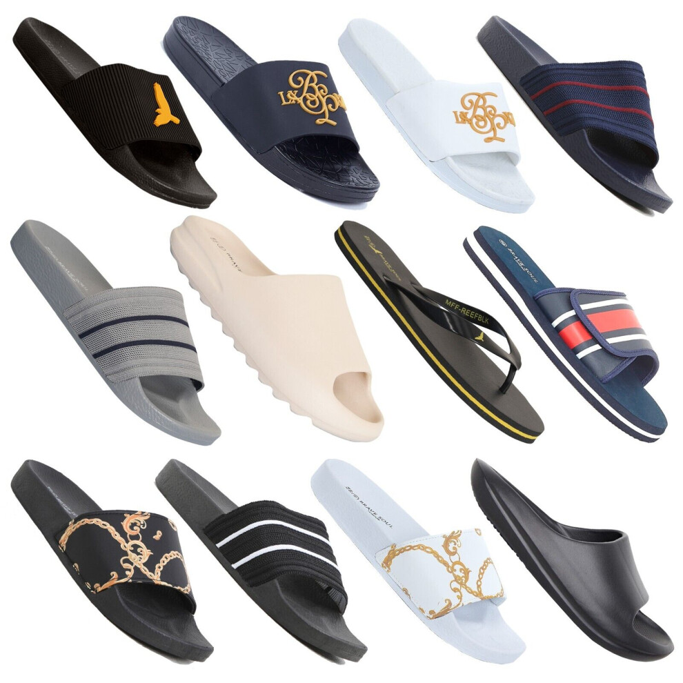 (Navy, Theo) Mens Brave Soul Pool Sliders Slip-On Flip Flops Flat Beach Strap Sandal Slipper