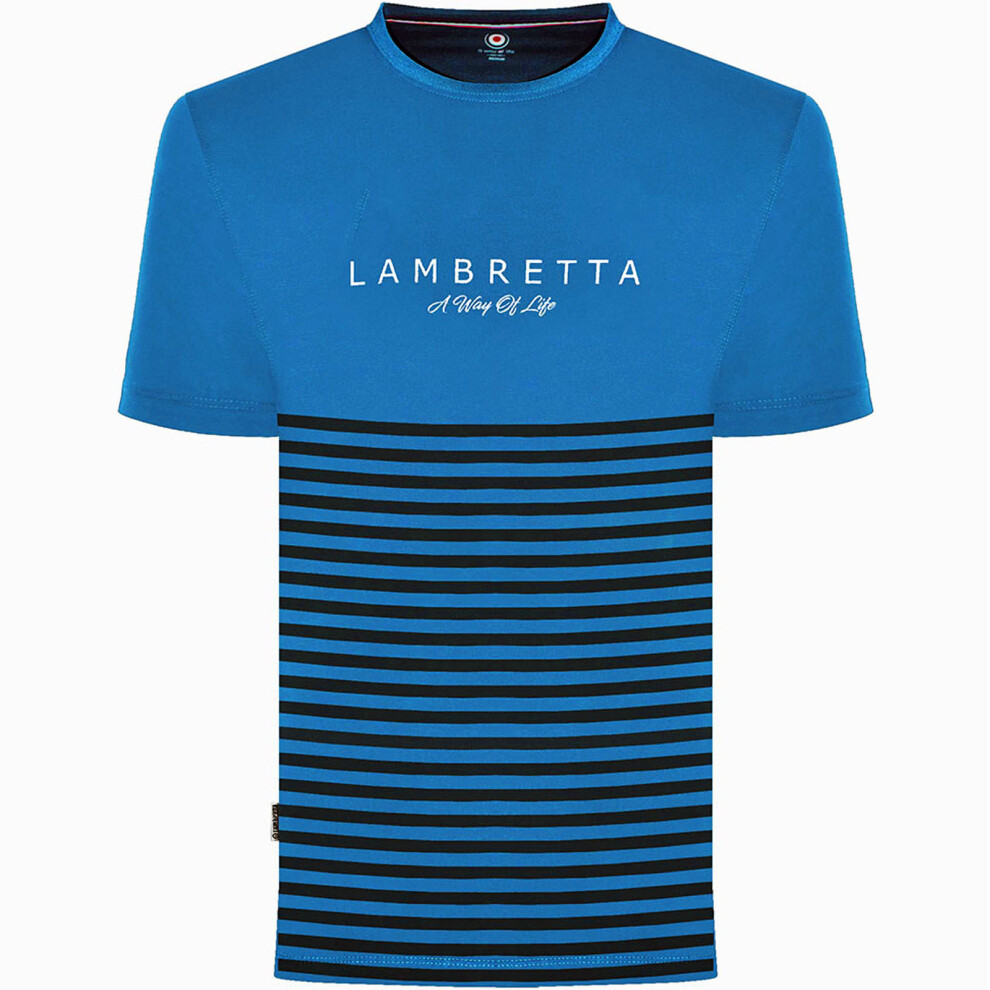 (S, Dark Blue) Lambretta Mens Striped Casual Short Sleeve Crew Neck Cotton T-Shirt Top Tee