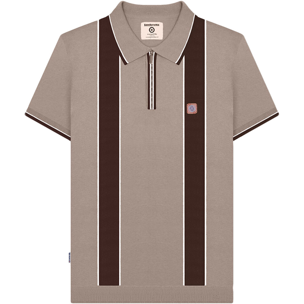 (S, Mushroom) Lambretta Mens Corsico 1/4 Zip Short Sleeve Cotton Stripe Polo Shirt Top