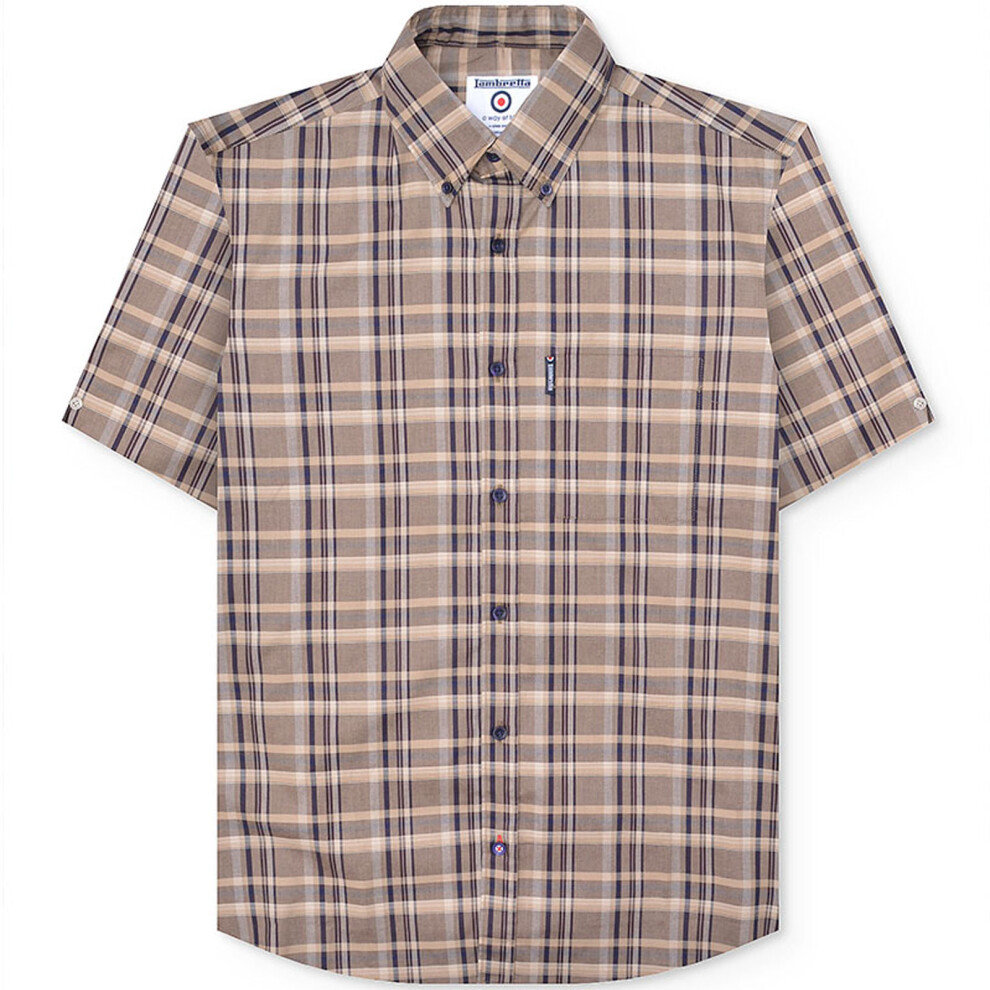 (S, Brown) Lambretta Mens Short Sleeve Checked Button Down Shirt