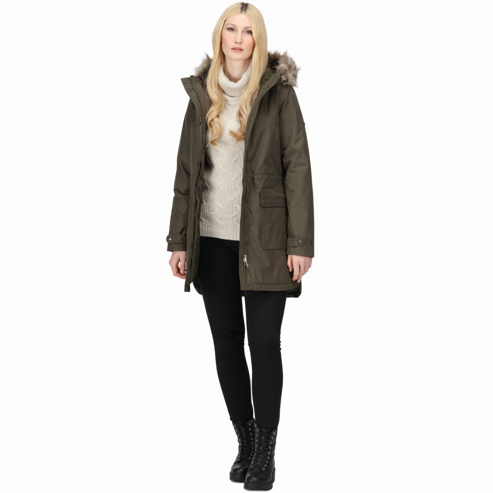 (10, Dark Khaki) Regatta Womens Sabinka Fur Trim Waterproof Insulated Parka Jacket Coat