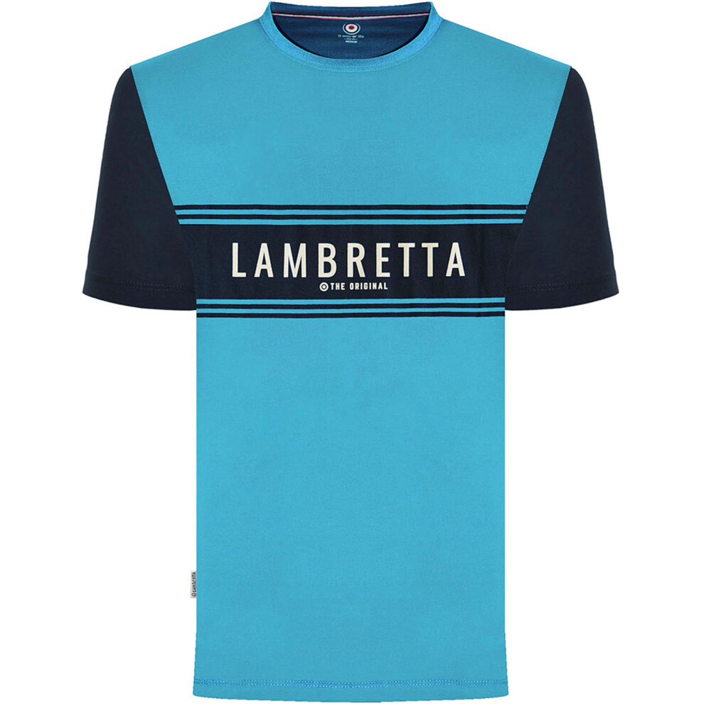 (S, Blue) Lambretta Mens Logo Panel Raglan Retro Crew Neck T-Shirt Tee Top