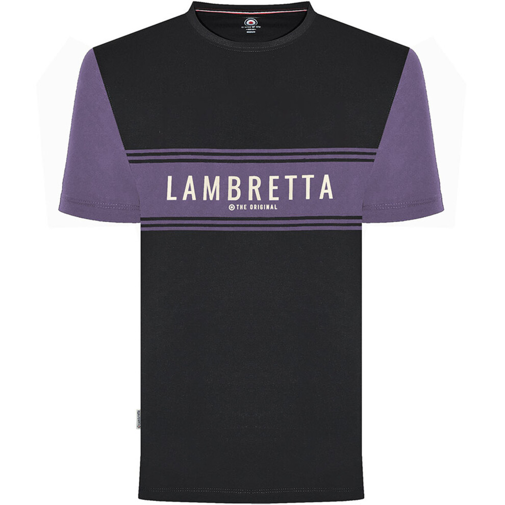 (M, Navy/Grape) Lambretta Mens Logo Panel Raglan Retro Crew Neck T-Shirt Tee Top