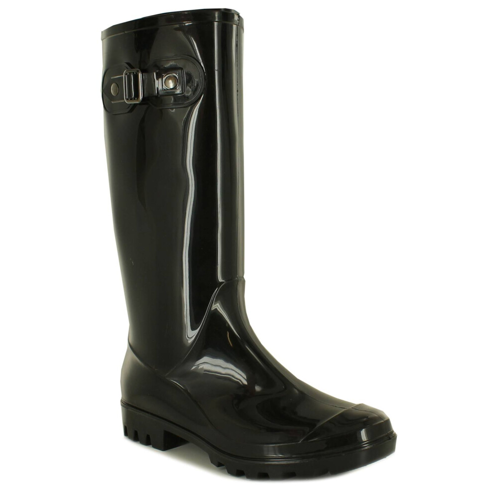 (Black, 7 (Adults')) New Ladies/Womens Black Long Leg Wellington Boots With Cleat Sloe UK Size