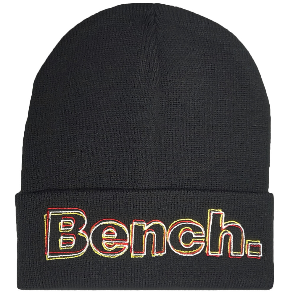 (One Size, Black) Bench Mens Chromeo Large Logo Warm Winter Turned Up Knitted Beanie Hat