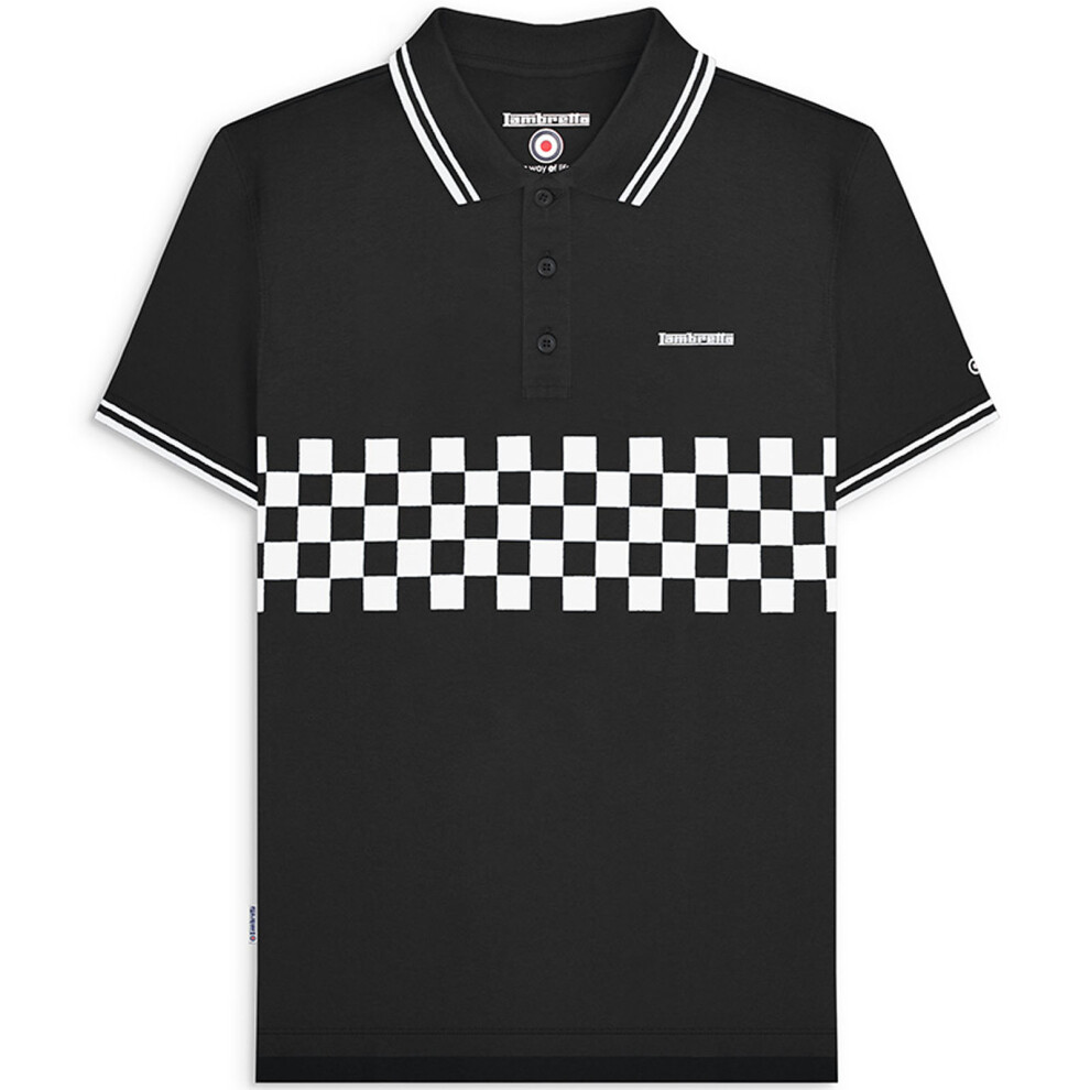 (M, Black) Lambretta Mens Two Toned Tipped Short Sleeve Checked Polo Shirt Top Tee - Black