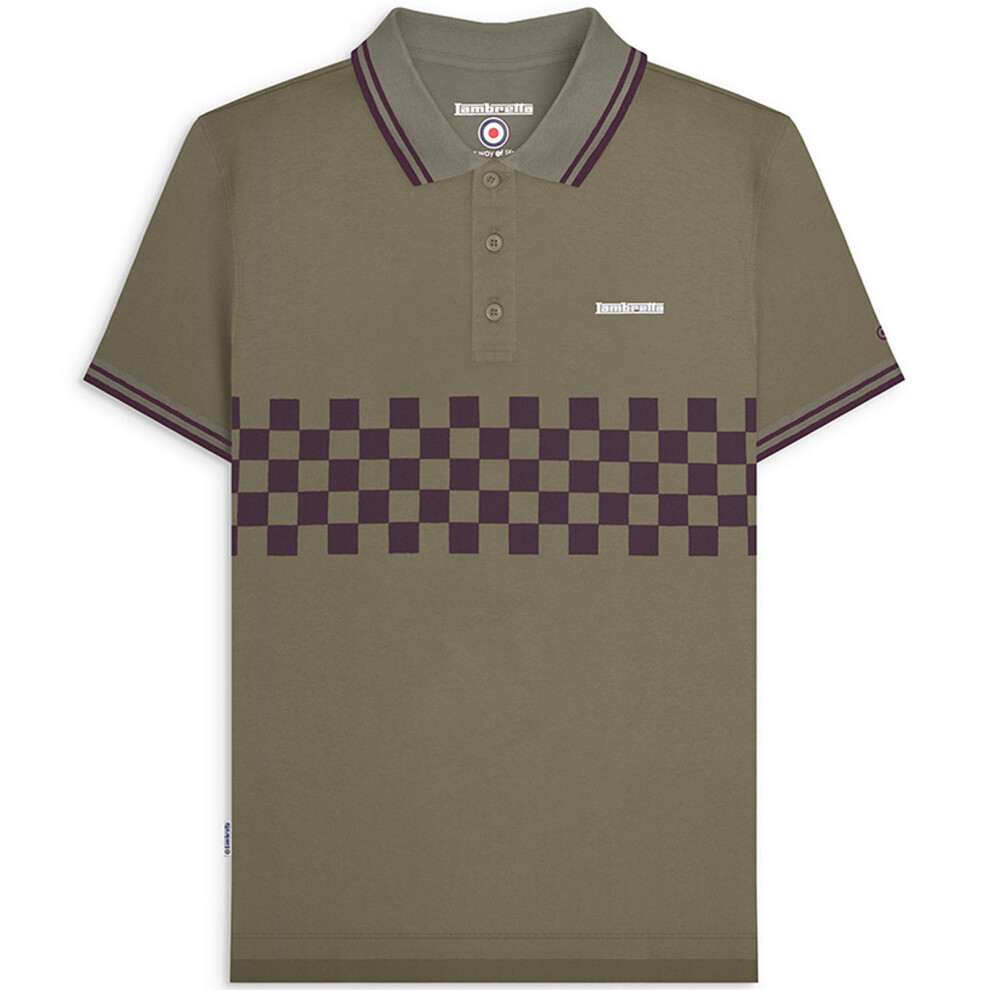 (M, Khaki/Java) Lambretta Mens Two Toned Tipped Short Sleeve Checked Polo Shirt Top Tee