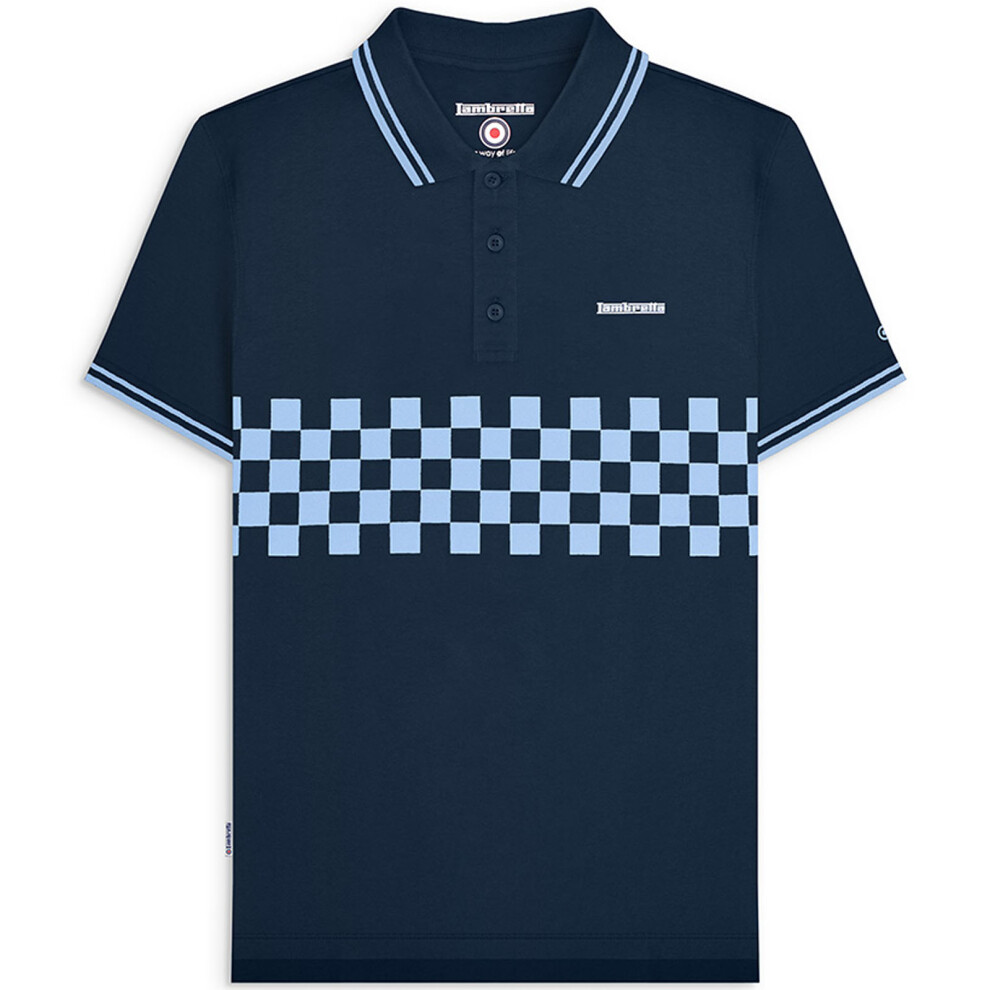 (3XL, Navy/Sky) Lambretta Mens Two Toned Tipped Short Sleeve Checked Polo Shirt Top Tee