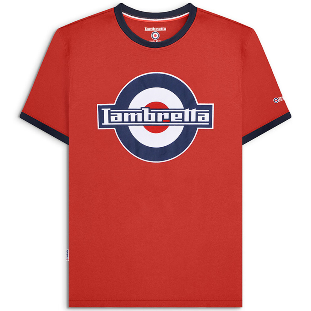 (3XL, Red) Lambretta Mens Logo Ringer Short Sleeve Crew Neck Cotton T-Shirt Top Tee