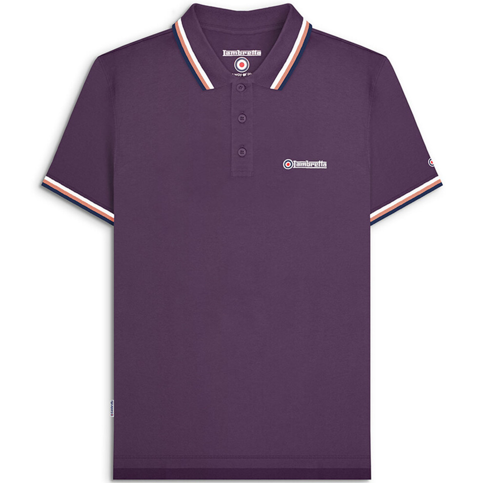 (S, Plum/White) Lambretta Mens Triple Tipped Short Sleeve 3 Button Placket Polo Shirt Top