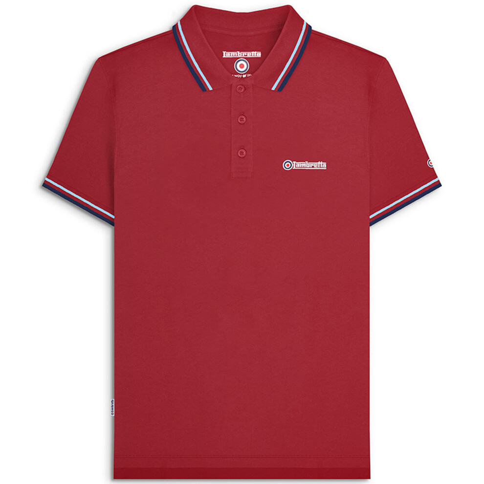 (S, Burgundy/Sky) Lambretta Mens Twin Tipped Short Sleeve 3 Button Placket Cotton Polo Shirt Top