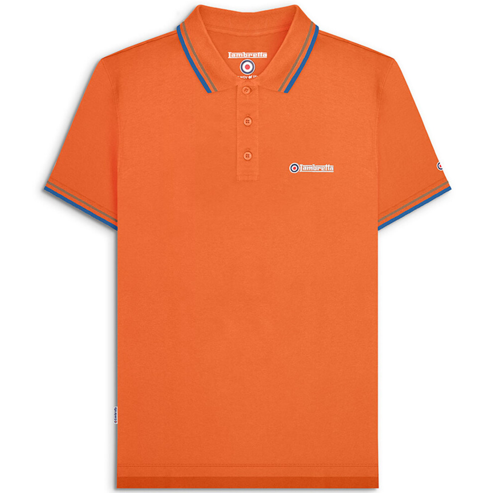 (L, Burnt Orange) Lambretta Mens Twin Tipped Short Sleeve 3 Button Placket Cotton Polo Shirt Top