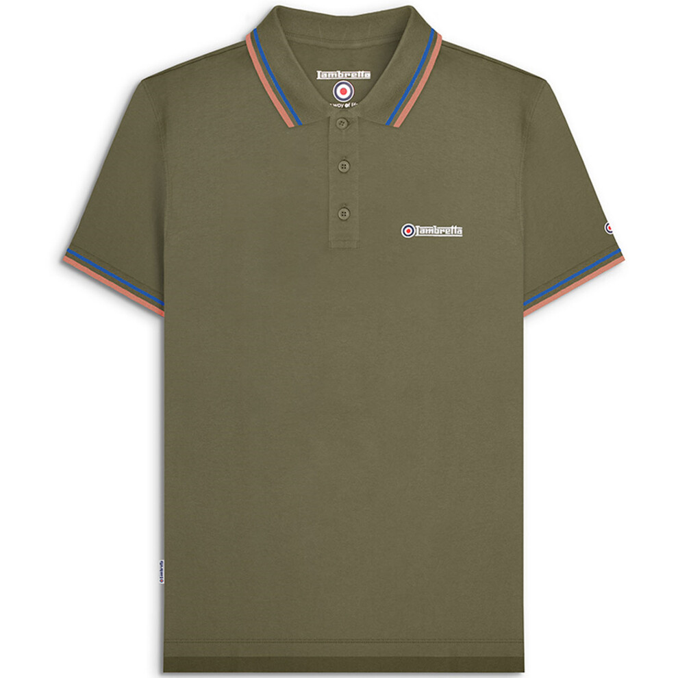 (S, Khaki/Blue) Lambretta Mens Twin Tipped Short Sleeve 3 Button Placket Cotton Polo Shirt Top