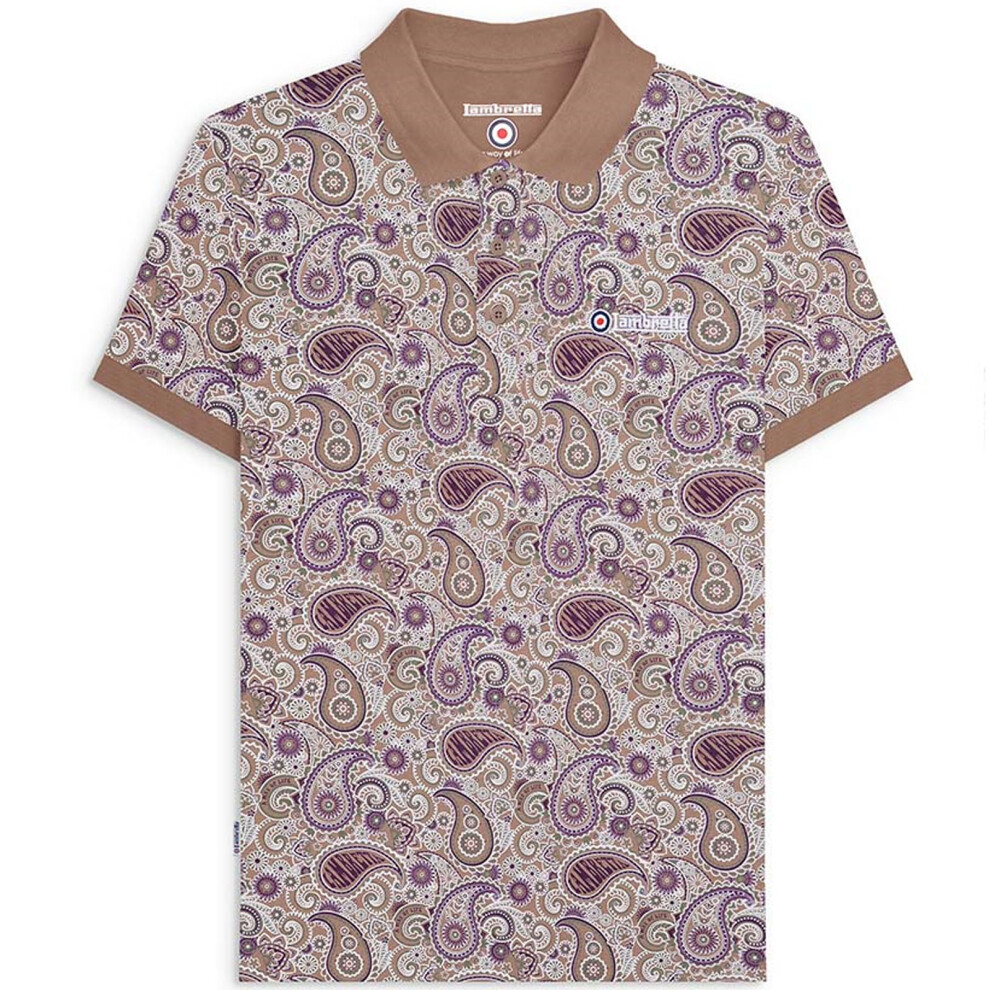 (S, Woodsmoke) Lambretta Mens Paisley Brand Three Button Retro Short Sleeve Polo Shirt Top