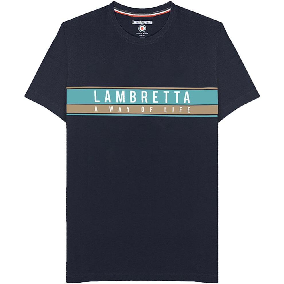 (S, Navy) Lambretta Mens Chest Stripe Graphic Short Sleeve Crew Neck T-Shirt Top Tee