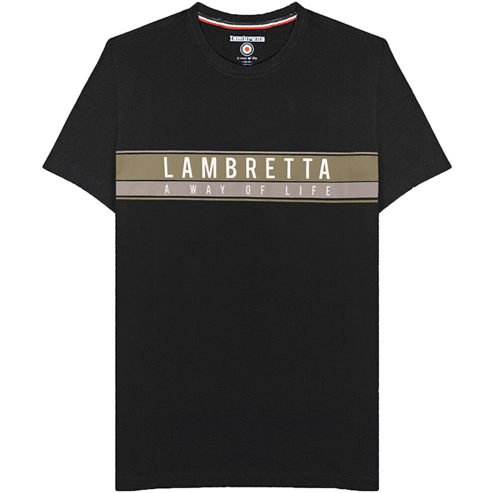 (S, Black) Lambretta Mens Chest Stripe Graphic Short Sleeve Crew Neck T-Shirt Top Tee